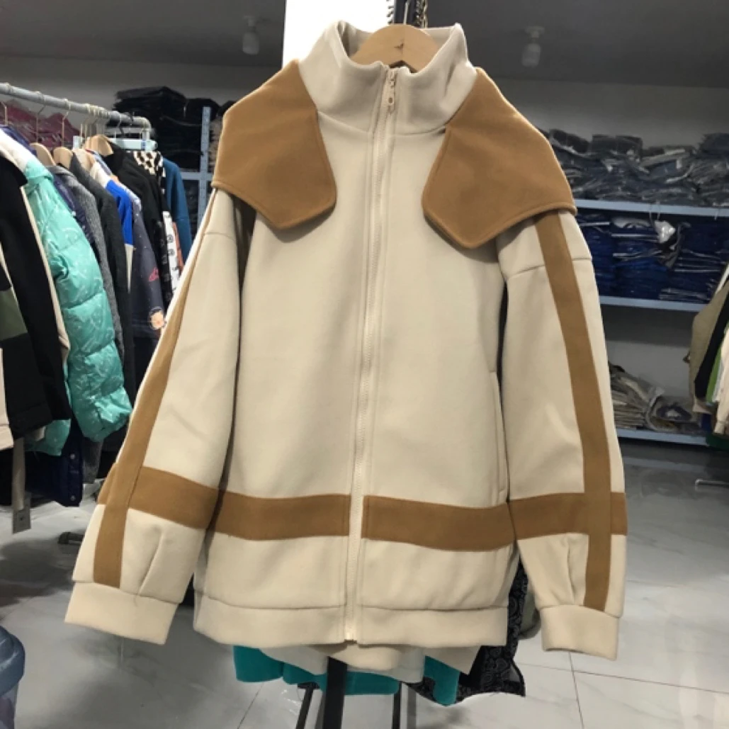 秋冬新款时尚百搭拼接撞色呢子立领连帽宽松时尚外套33