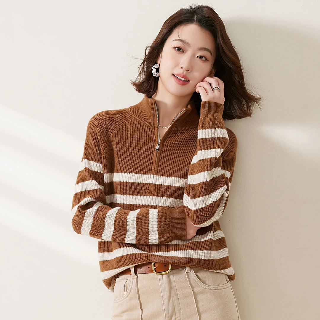 赛兔100%羊毛衫女休闲半拉链撞色条纹宽松毛衣针织衫340235049-1