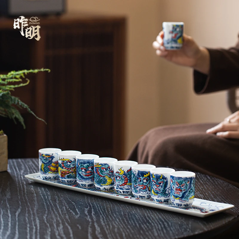 昨明全新原创国潮大号白瓷茶具龙九子闻香杯套装送礼自用陶瓷
