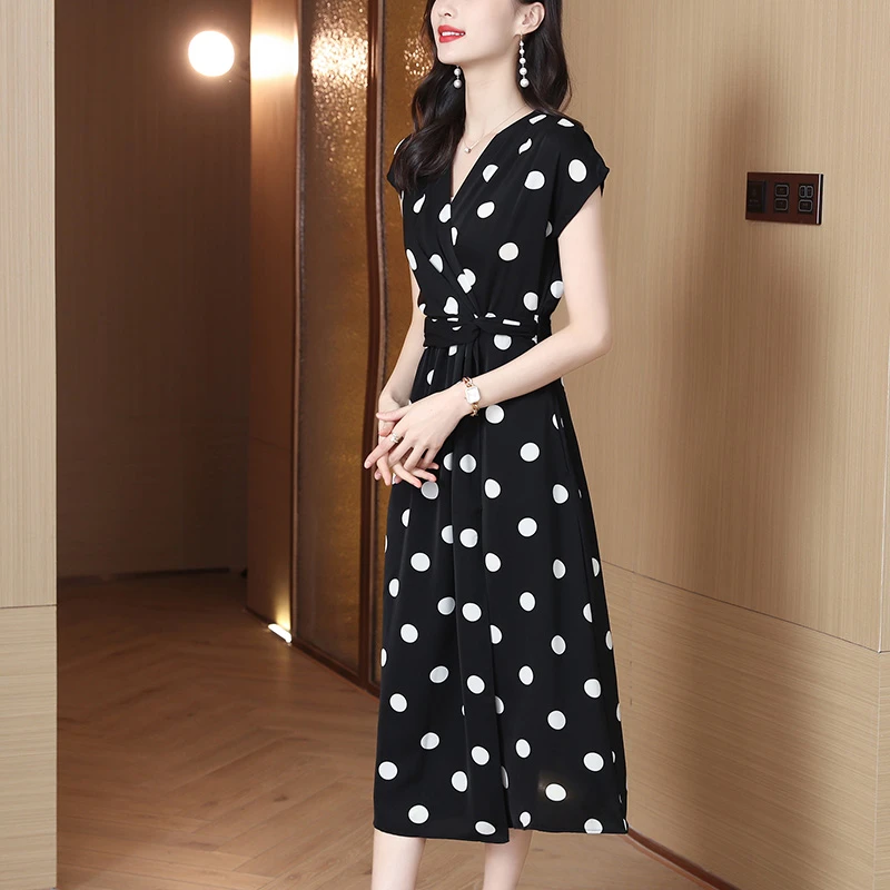 波点长款气质女神款大码女装修身显瘦减龄大摆连衣裙淑