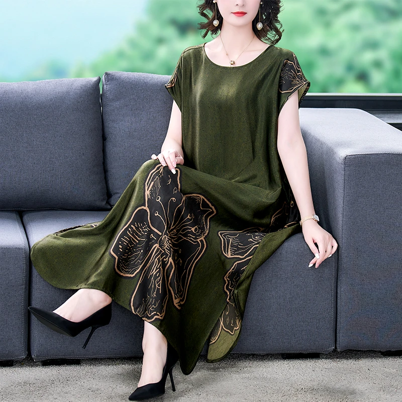 大码印花连衣裙2023夏季新款连袖复古宽松显瘦气质过膝长裙妈妈装