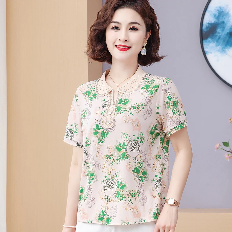 t恤妈妈装洋气时尚夏季宽松小衫印花中老年女装冰麻小衫