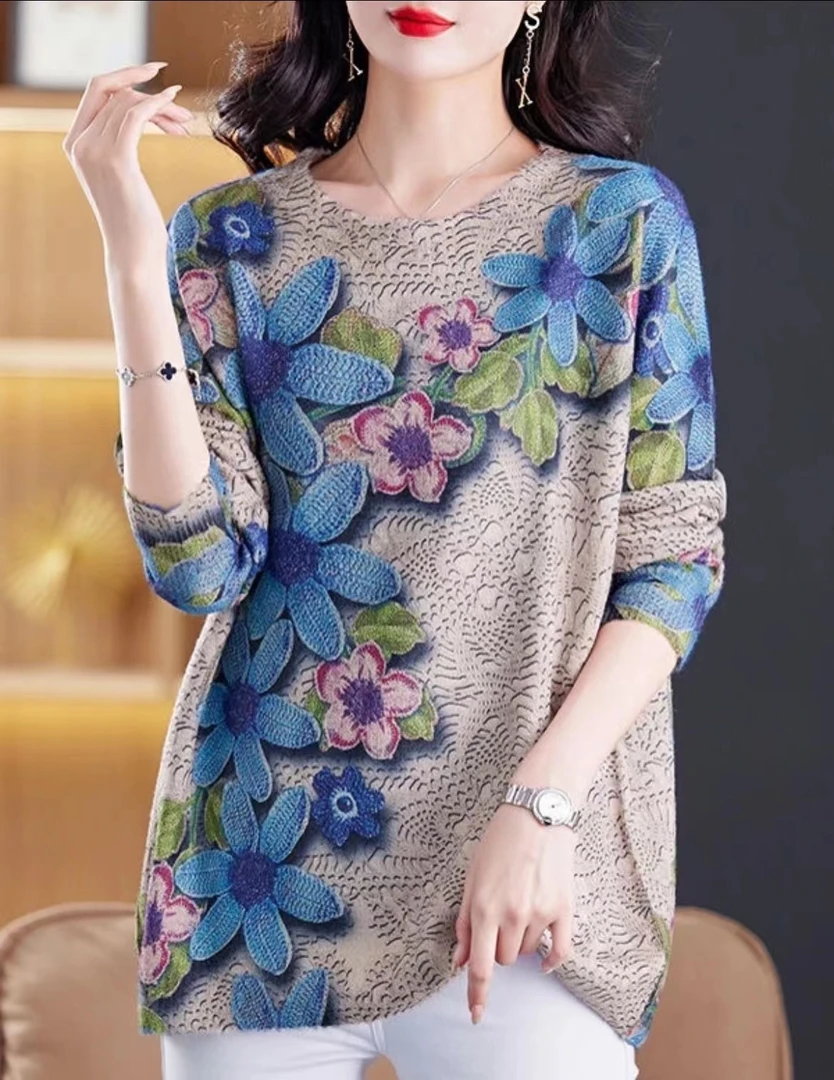 春季新款水貂绒印花时尚女生民族风宽松大码长袖上衣女高档女士