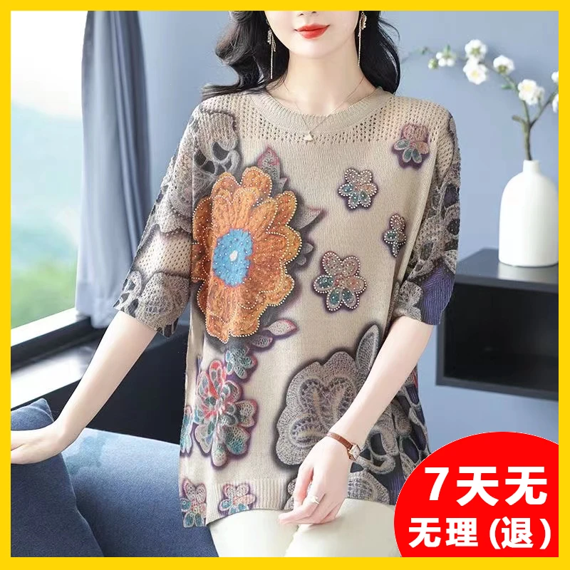 夏天爆款大码亚麻妈妈短袖T桖宽松上衣针织薄款印花洋气出游约会