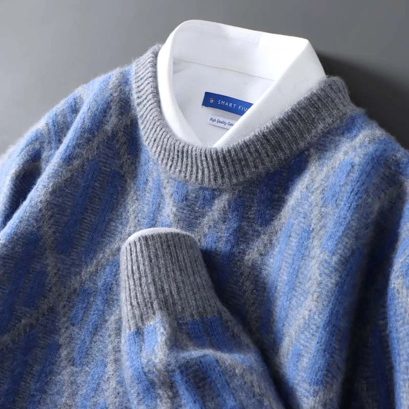 【重磅加厚】男士100%纯羊毛衫圆领提花拼色套头秋冬针织毛衣打底衫