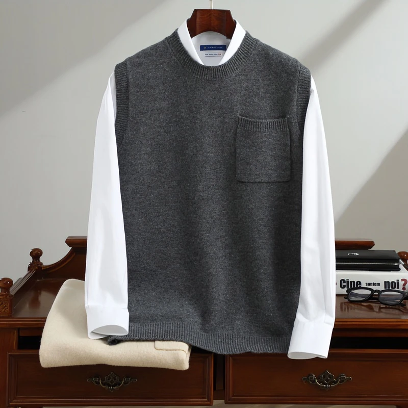 男士秋冬款纯羊毛马甲宽松圆领带兜加厚套头背心休闲商务针织坎肩