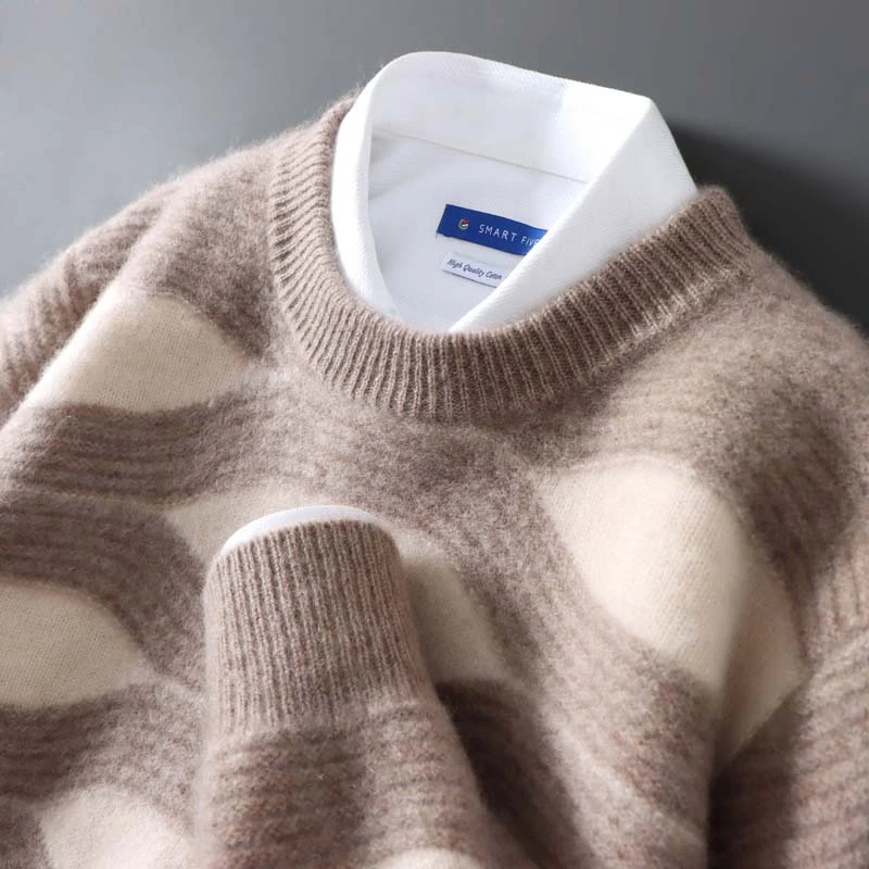 男士秋冬加厚100%纯羊毛衫圆领撞色提花毛衣宽松百搭商务休闲打底
