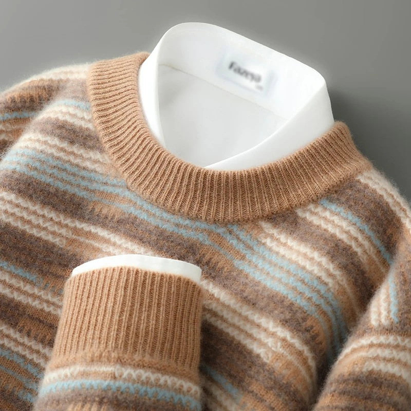 【加厚纯羊毛】男士秋冬宽松圆领拼色套头毛衣休闲商务针织打底衫