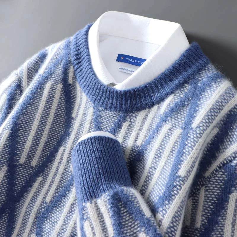 重工提花加厚100%纯羊毛衫男圆领撞色套头针织毛衣宽松潮流打底衫