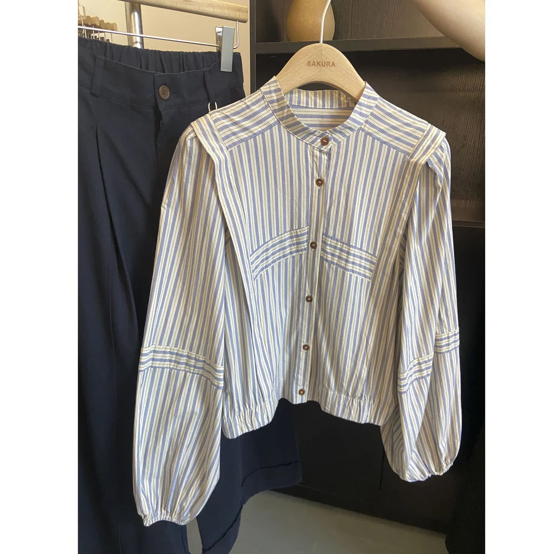 璎婲sᴀᴋᴜʀᴀ【茶卡少女】媛气质条纹坎肩拼接设计感小众下摆松紧衬衫