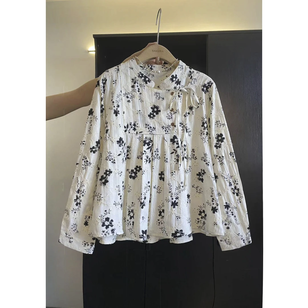 璎婲sᴀᴋᴜʀᴀ【晚笙曲】媛气质侧边开扣系带新中式碎花压褶长袖衬衫