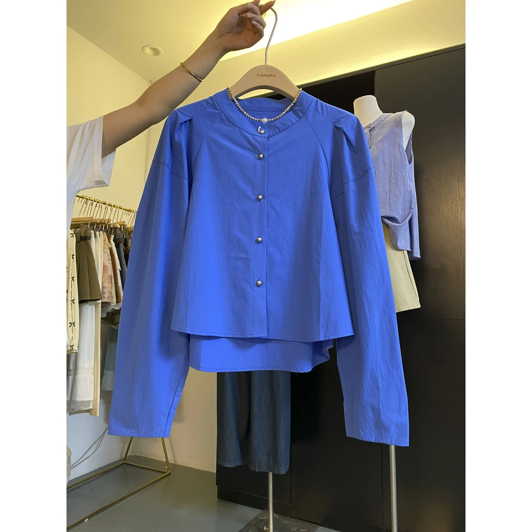 璎婲sᴀᴋᴜʀᴀ【诺丁山下】媛韩系圆领简约单排扣宽松百搭短款长袖衬衫