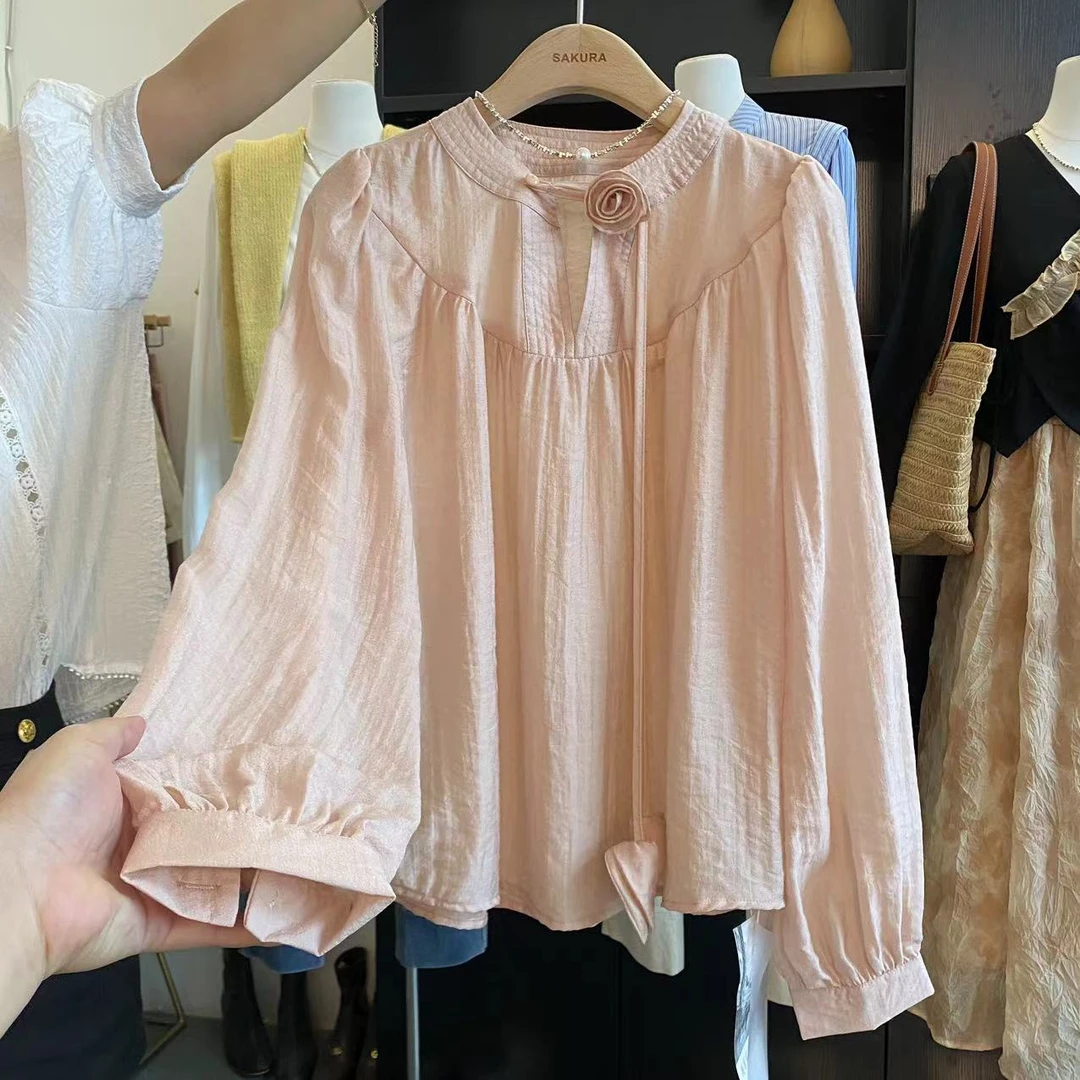 璎婲sᴀᴋᴜʀᴀ【白塔玫瑰】媛法式甜美立体花朵系带百搭气质长袖衬衫