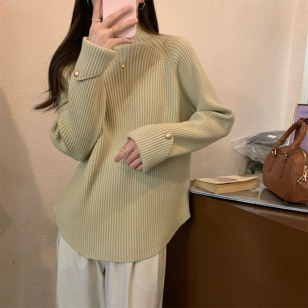 秋冬新款半高领加厚针织打底衫宽松套头百搭大码毛衣慵懒洋气上衣