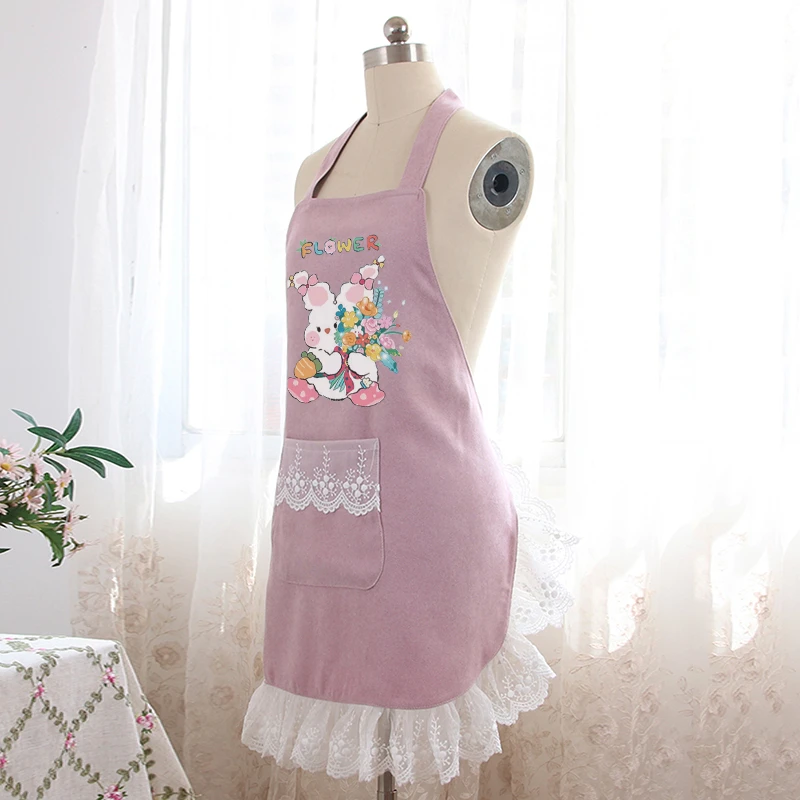 2024新款粉色兔子小花蕾丝边围裙家用厨房防污清洁罩衣有袖工作服
