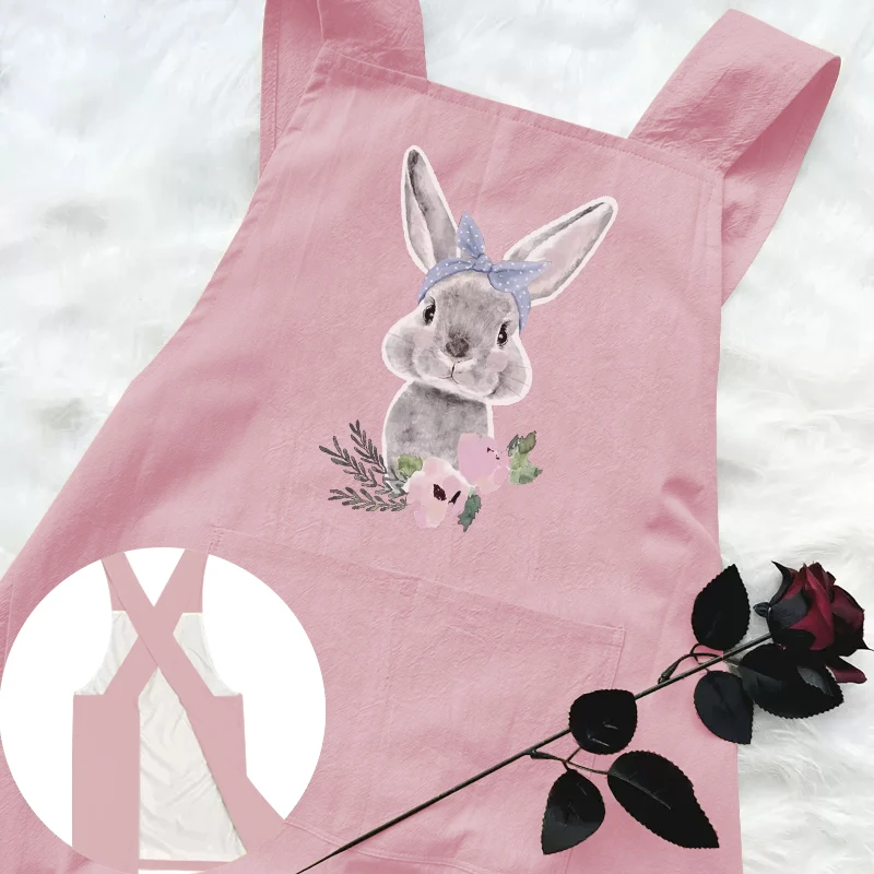 新款时尚一片式粉色兔子围裙家用防水防污罩衣美甲餐饮专用围腰