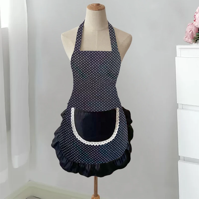 时尚简约挂脖式黑色波点围裙四季可用防污家用做饭罩衣烘焙工作服