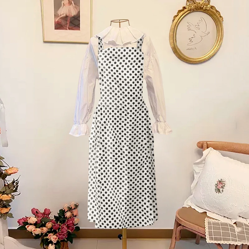 小清新长款白色波点围裙显瘦四季可用家用清洁防污围腰美甲工作服
