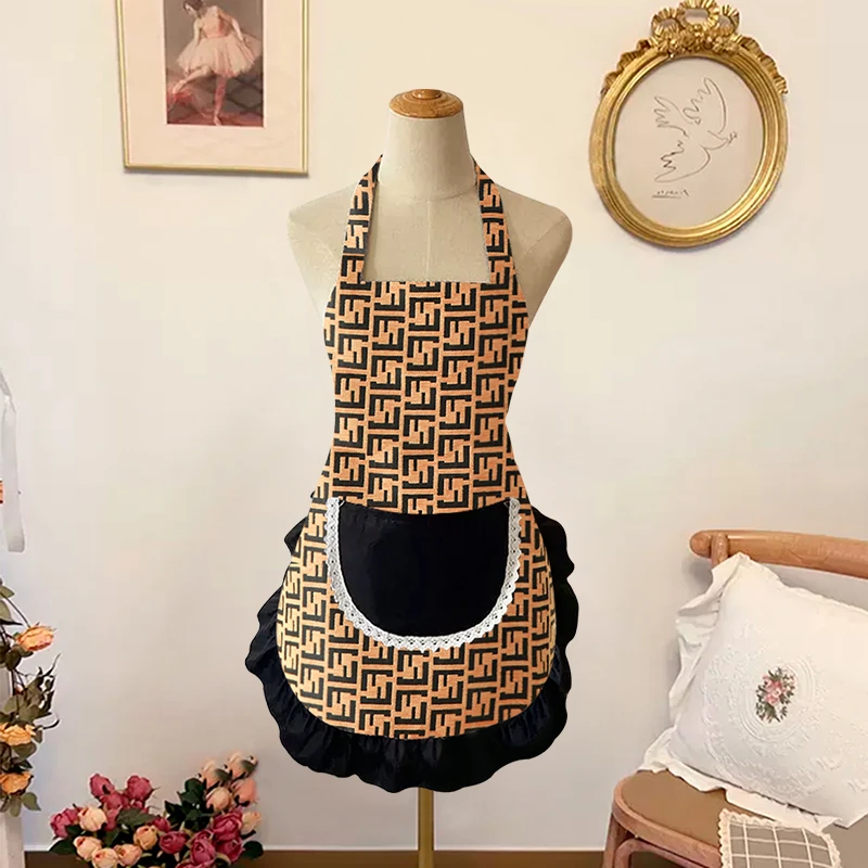 文艺复古橙色F挂脖式围裙居家做饭烘焙罩衣时尚显瘦工作服围腰