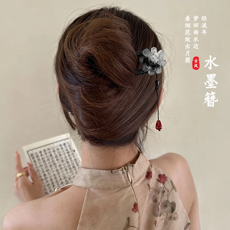 水墨山茶花发簪女高级感u型盘发发钗气质古风旗袍汉服簪子头饰夏