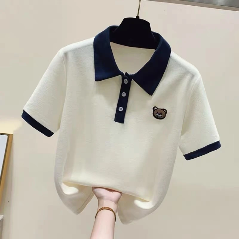 童装女童撞色翻领t恤儿童韩版洋气百搭宽松拼色短袖polo衫上衣夏T