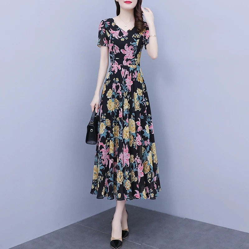 722黑色雪纺连衣裙女夏季妈妈新款舒适洋气减龄碎花遮肚裙子舒适