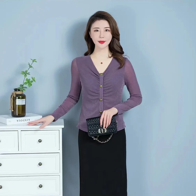 2023春秋秋装新款设计感小众修身拼接v领T恤长袖打底衫女洋气减龄