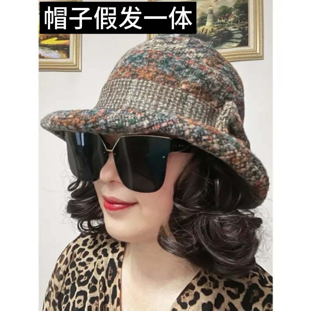 董姐同款渔夫帽子假发一体妈妈帽时尚逼真小卷发假发帽子一体逼真