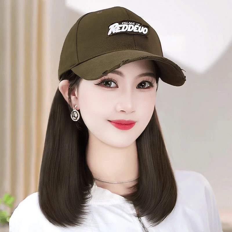 【高级大方】RED立体刺绣帽子假发一体棒球帽显脸小锁骨发假发套