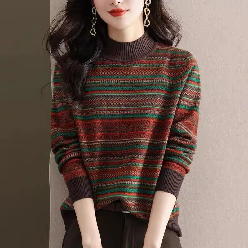 鄂尔多斯市秋冬新款复古羊绒衫女神半高领条纹针织衫打底衫毛衣