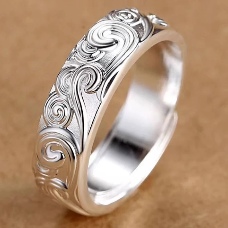 足银戒指 纯银999招财祥云戒指雕刻手工云朵复古风开口调节戒指环