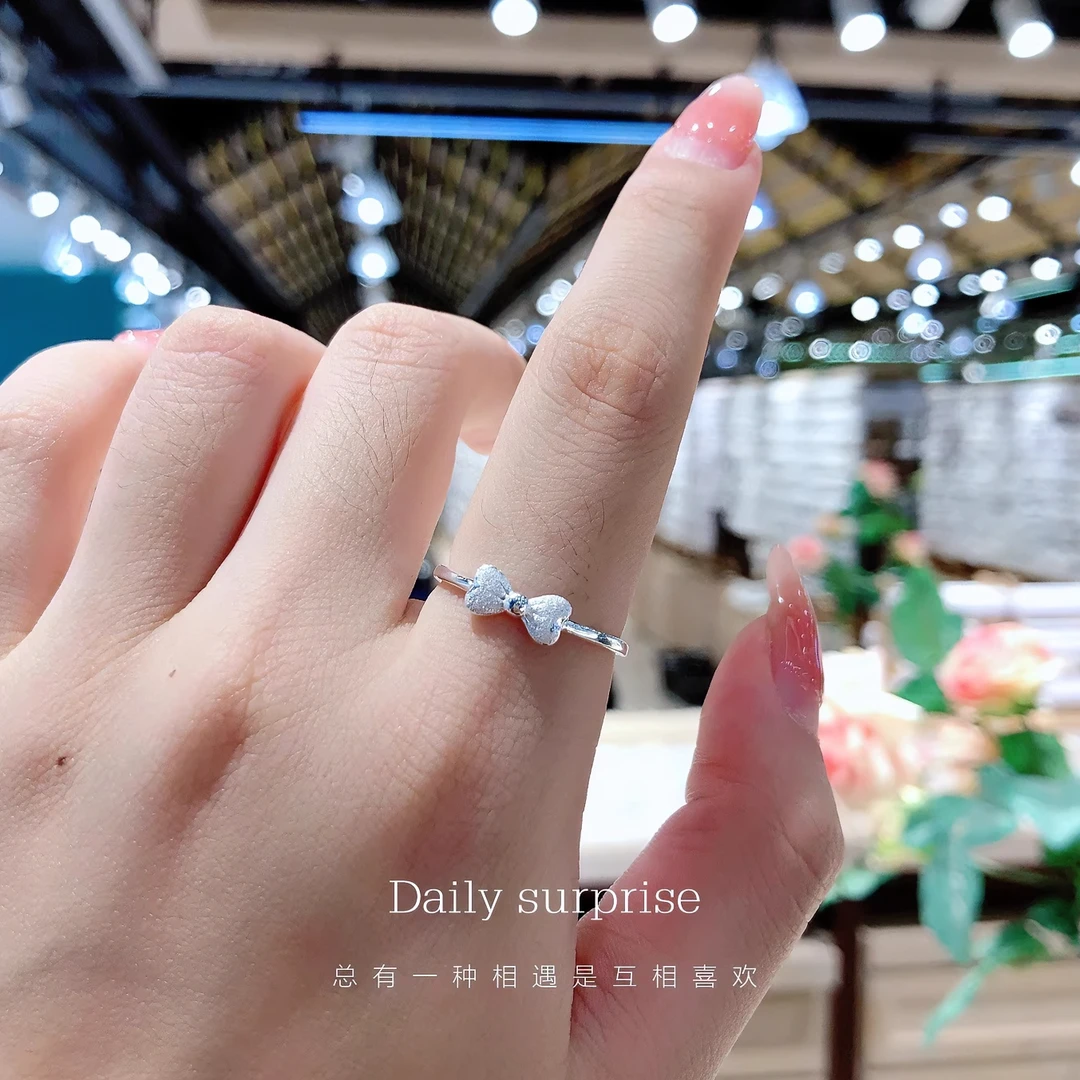 足银戒指 纯银磨砂少女蝴蝶结戒指百搭简约甜美可爱可调节小清新