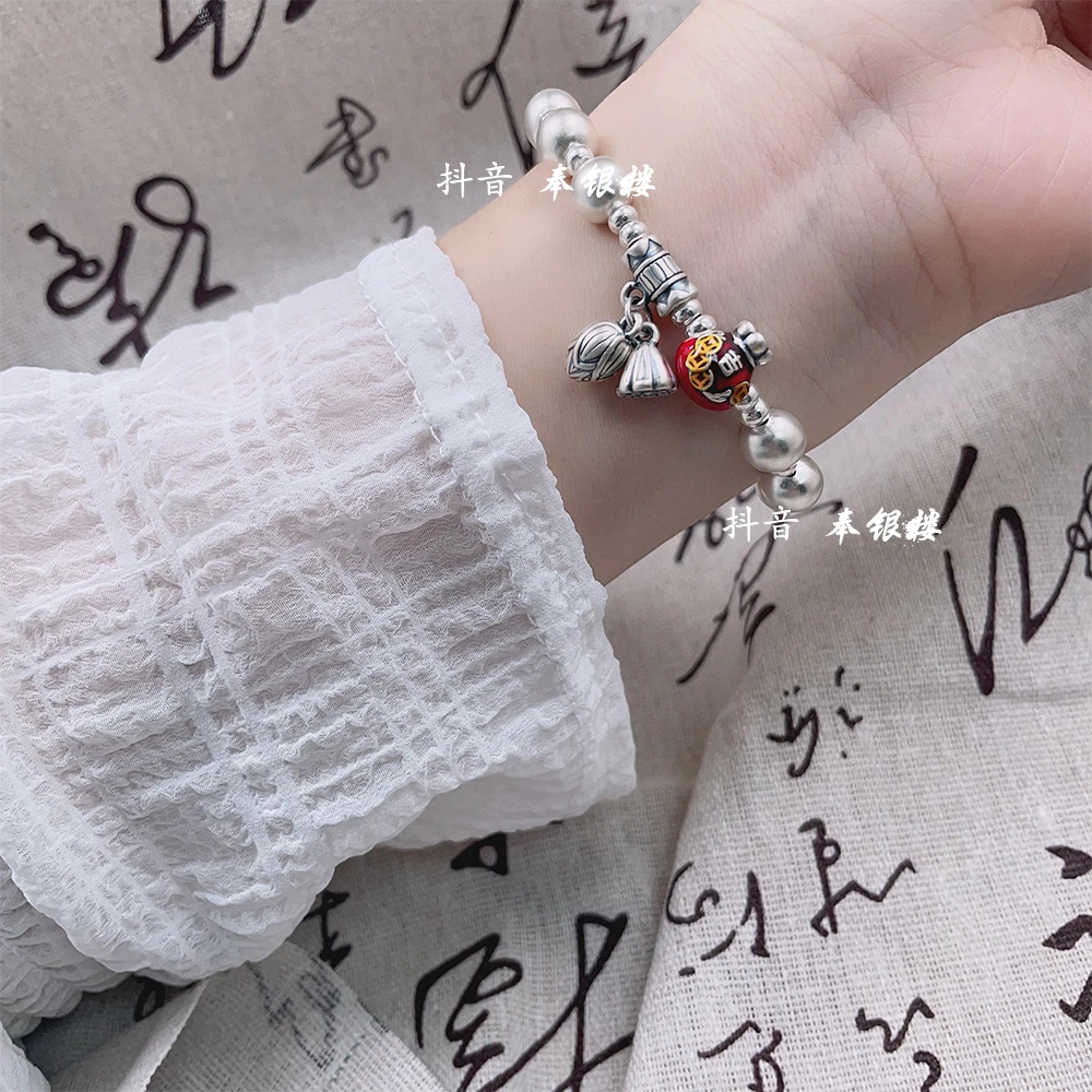 足银手链 足银999古法传承哑光福袋银珠手链钱袋子珠珠显白礼物