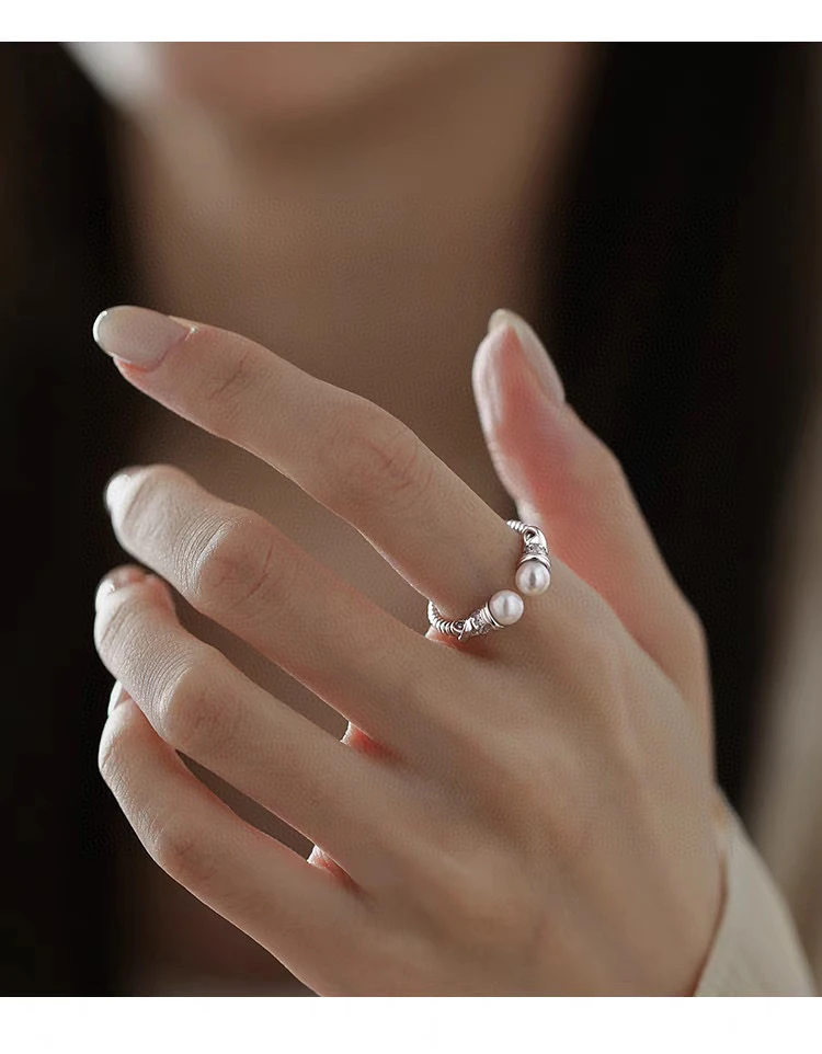 足银仿珍珠戒指 麻花贝珠戒指高级设计感中古风开口可调节指环