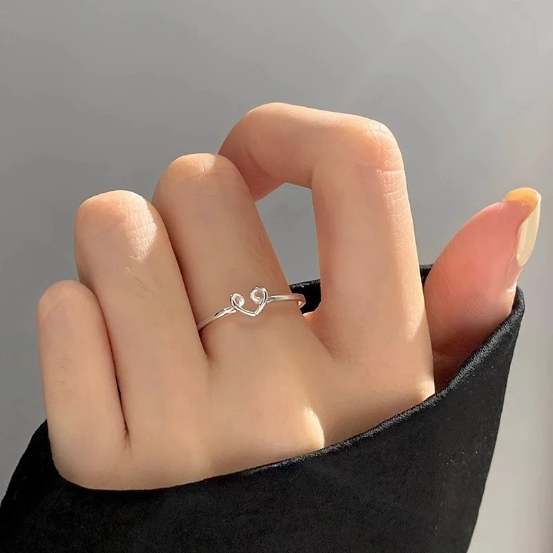 足银戒指 纯银甜美优雅心形开口戒个性ins线条缠绕镂空爱心戒指