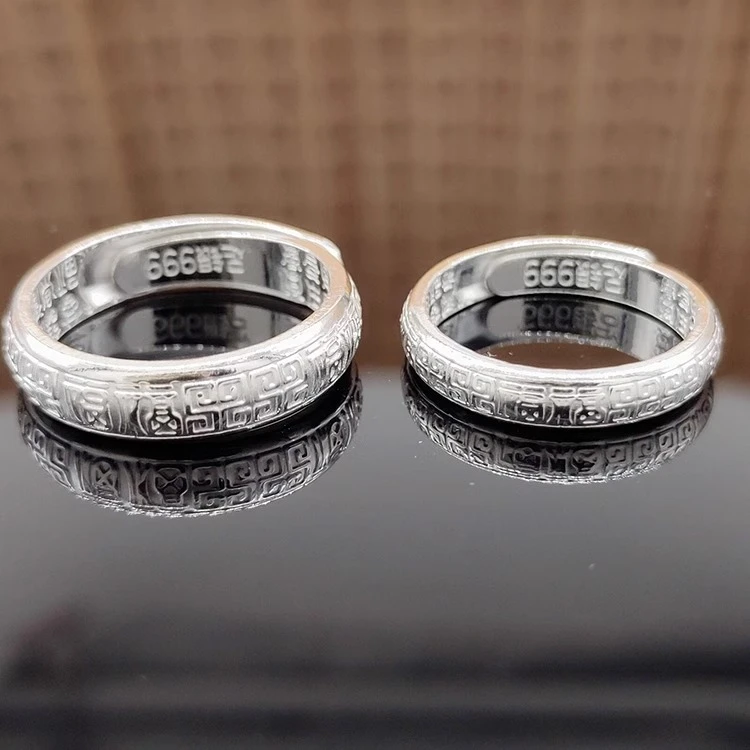 足银戒指 百福戒指999纯银福字手工开口可调节复古指环情侣对戒