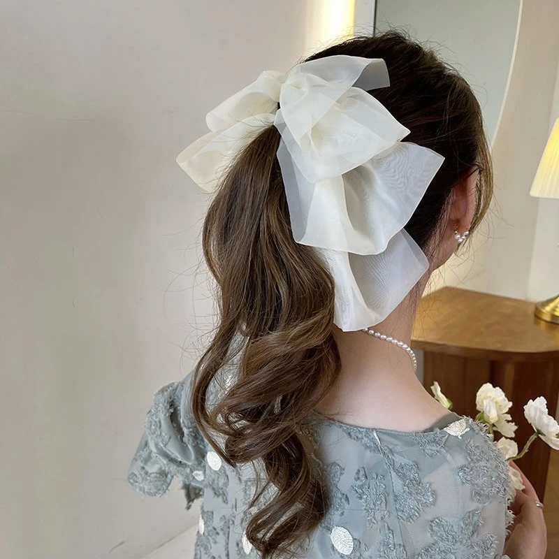 夏季限定蝴蝶结发夹网纱甜美可爱简约香蕉夹欧根纱后脑勺发卡头饰
