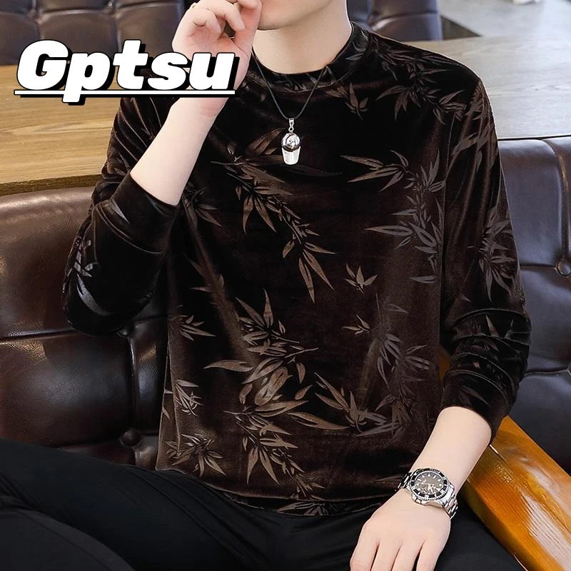 GPTSu金丝绒卫衣男潮流帅气高端提花休闲打底衫秋冬款潮牌长袖t恤