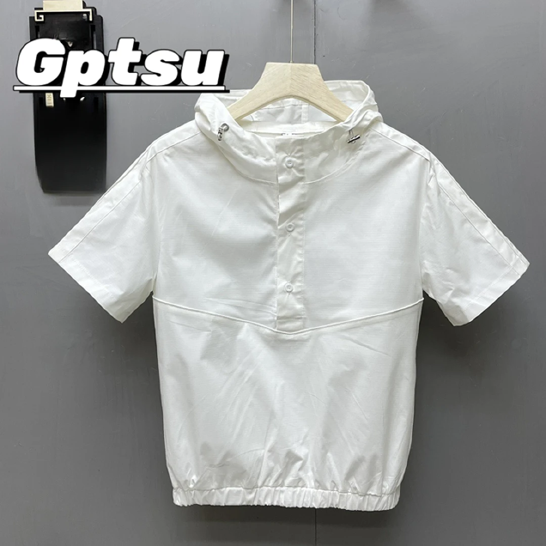 GPTSu夏季短袖男韩版修身连帽时尚潮流拼接纯白色休闲百搭T恤半袖