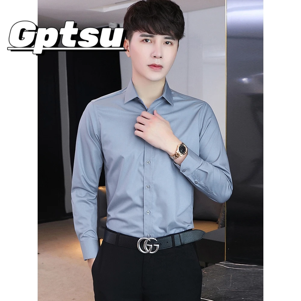 GPTSu灰色衬衫男士长袖西服内搭高档衬衣秋商务休闲免烫弹力寸衫
