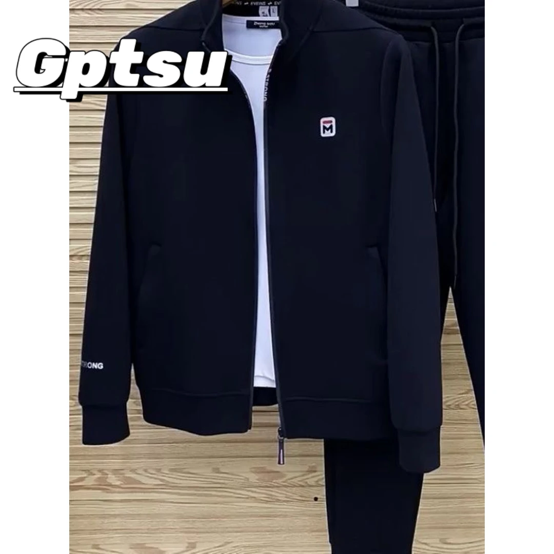 GPTSu春秋款字母休闲运动套装时尚百搭修身立领两件套简约套装男