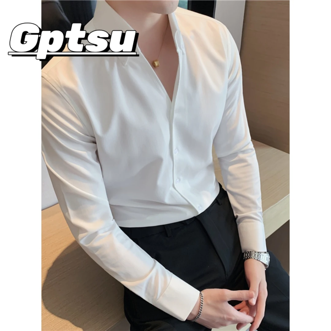 GPTSu法式一片领白色打底V领发型师衬衫男痞帅高级感立领加绒衬衣