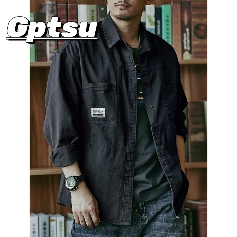 GPTSu美式复古工装长袖衬衫男设计感春秋宽松重磅休闲衬衣外套男