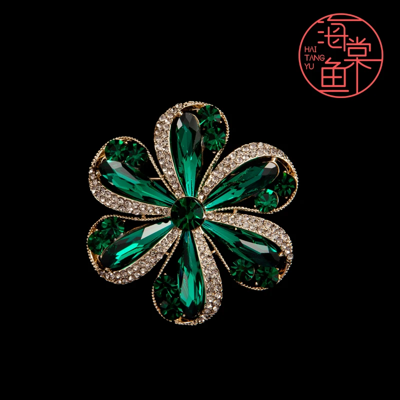 锌合金仿水晶胸针 HY1895璀璨绿花胸针