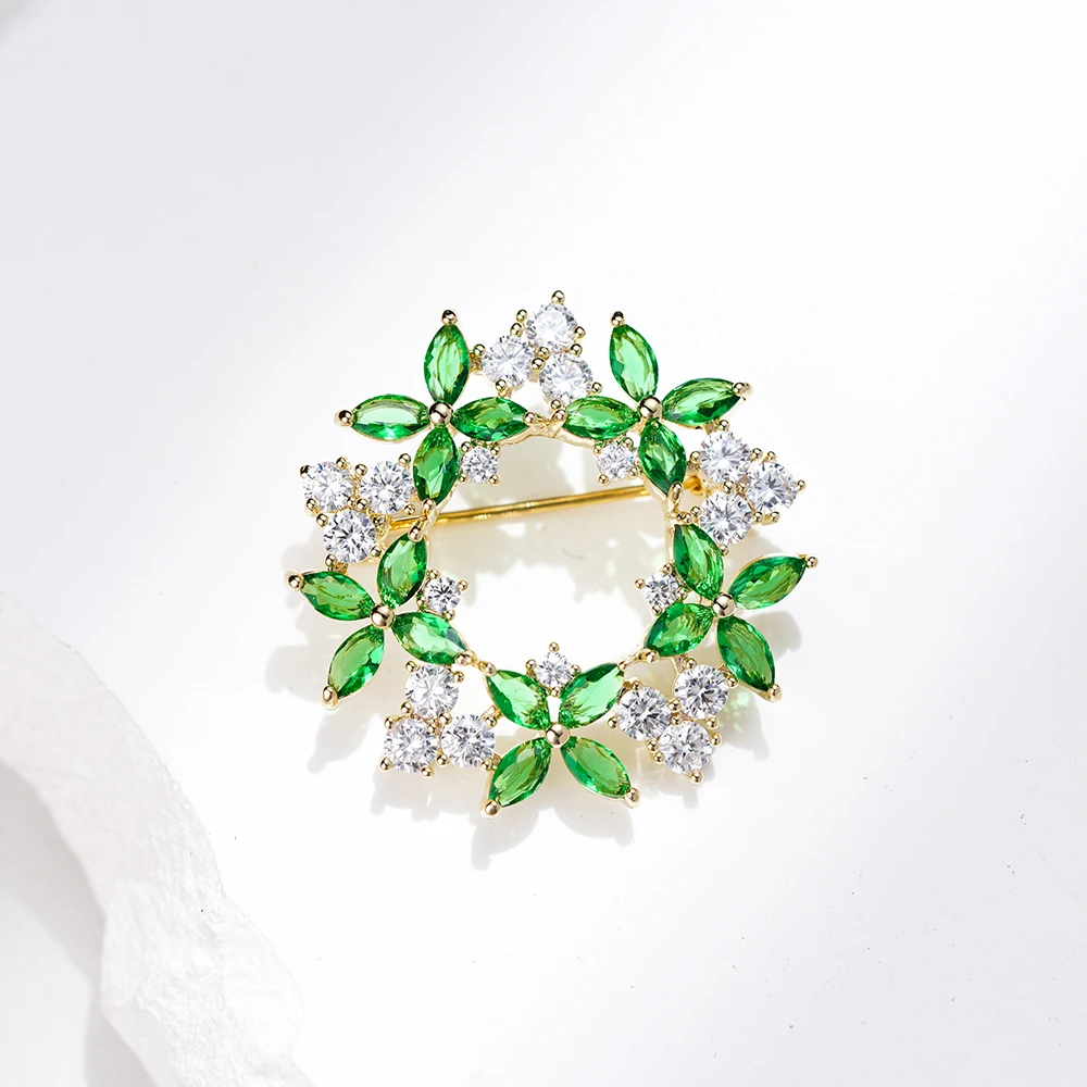铜合金合成锆石胸针 MN745迷你绿花环胸针