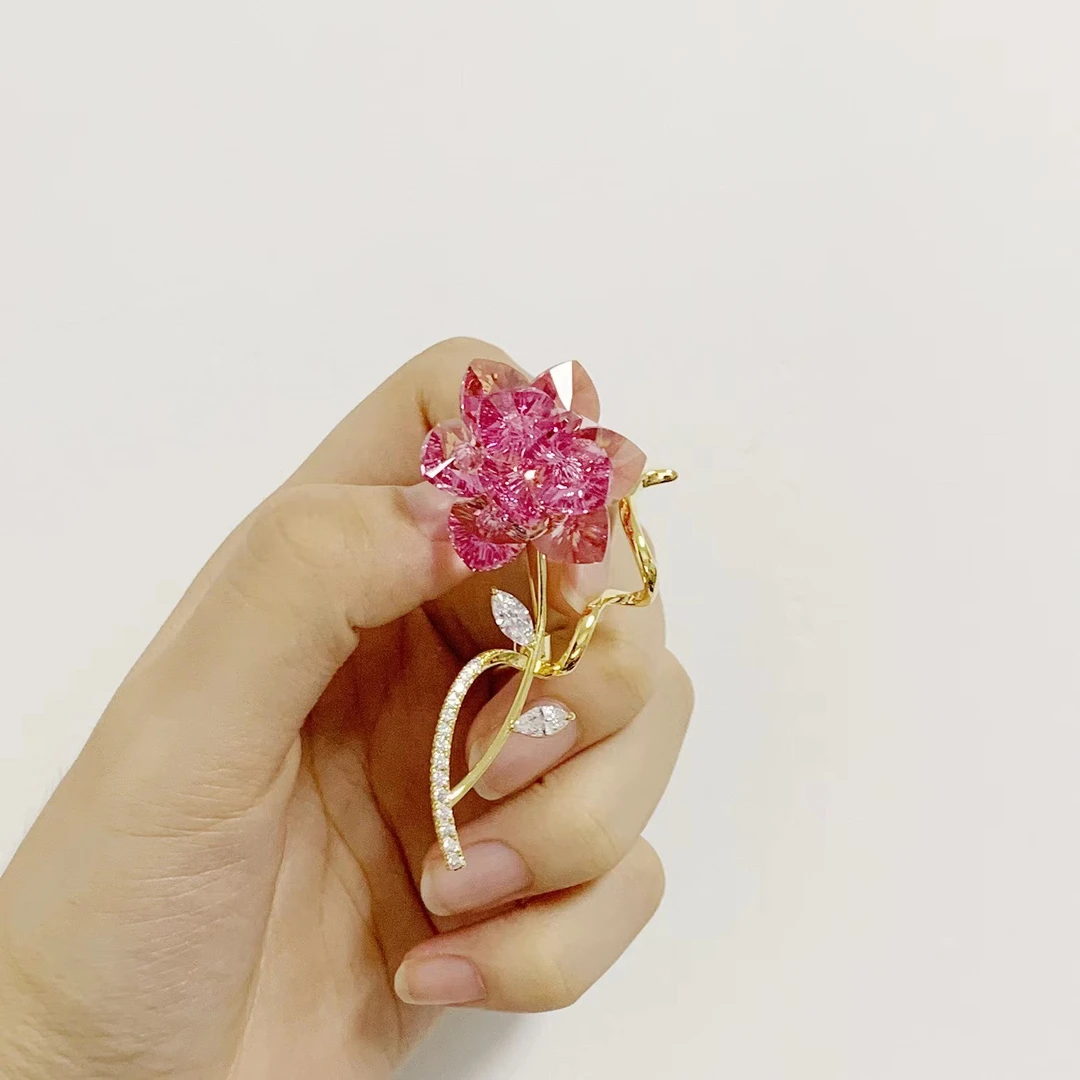 铜合金胸针 GD297【施华洛】红粉玫瑰胸针