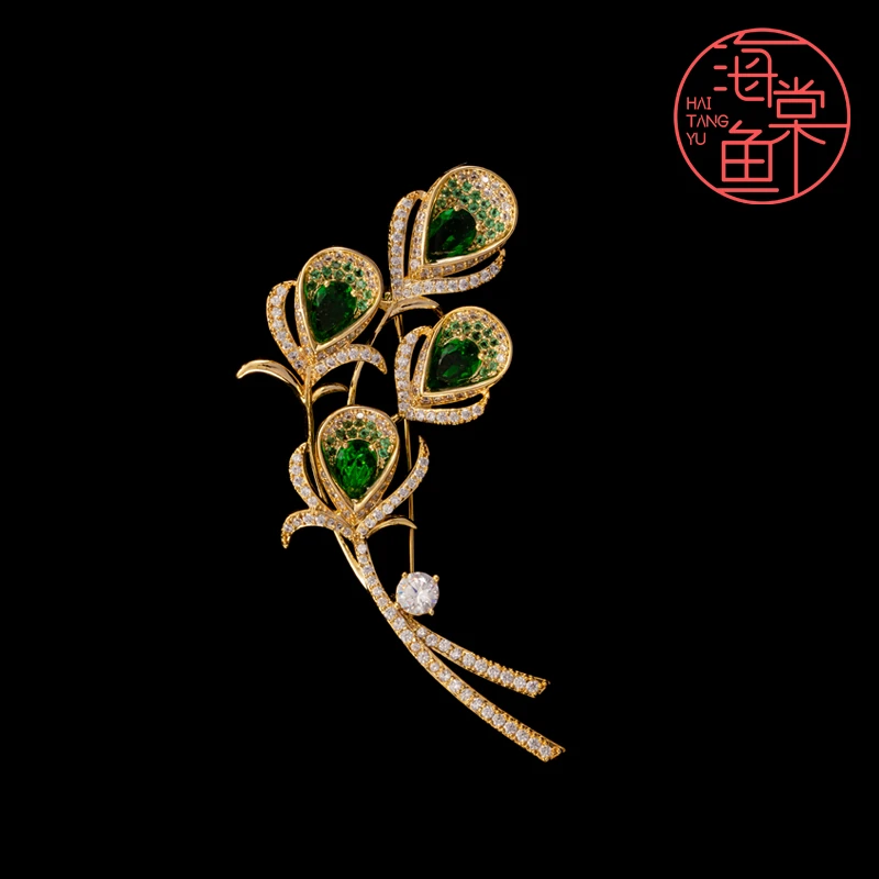 铜合金合成锆石胸针 HY198精致雀翎胸花