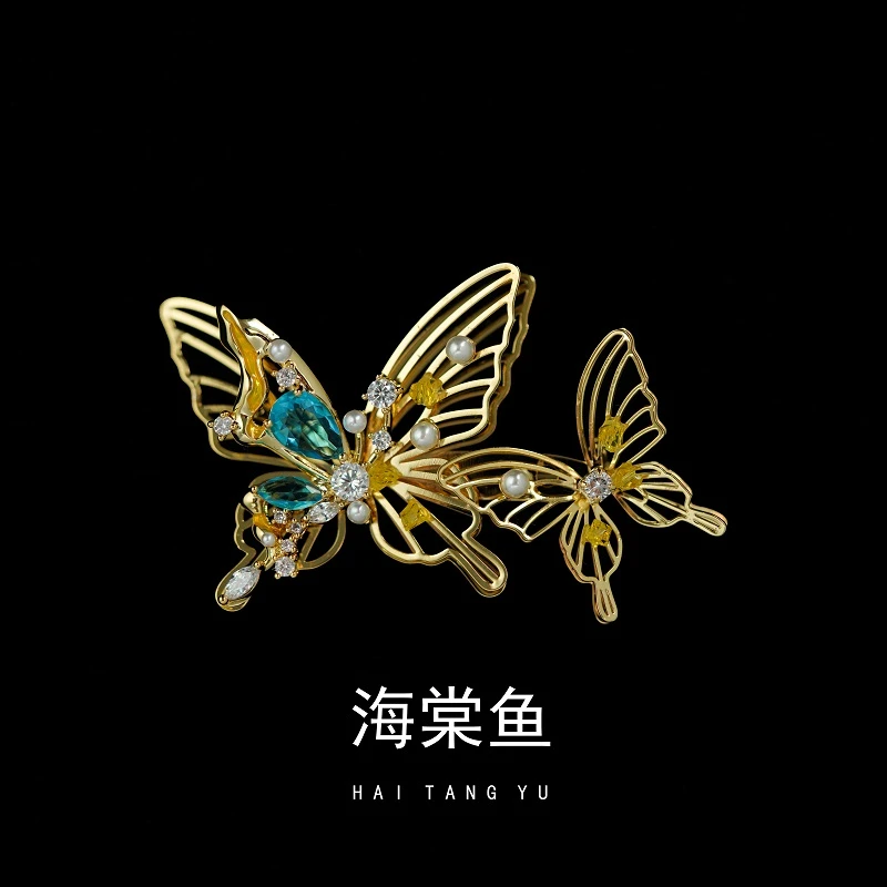 铜合金合成锆石胸针 时尚精致百搭镂空双蝴蝶胸针3787