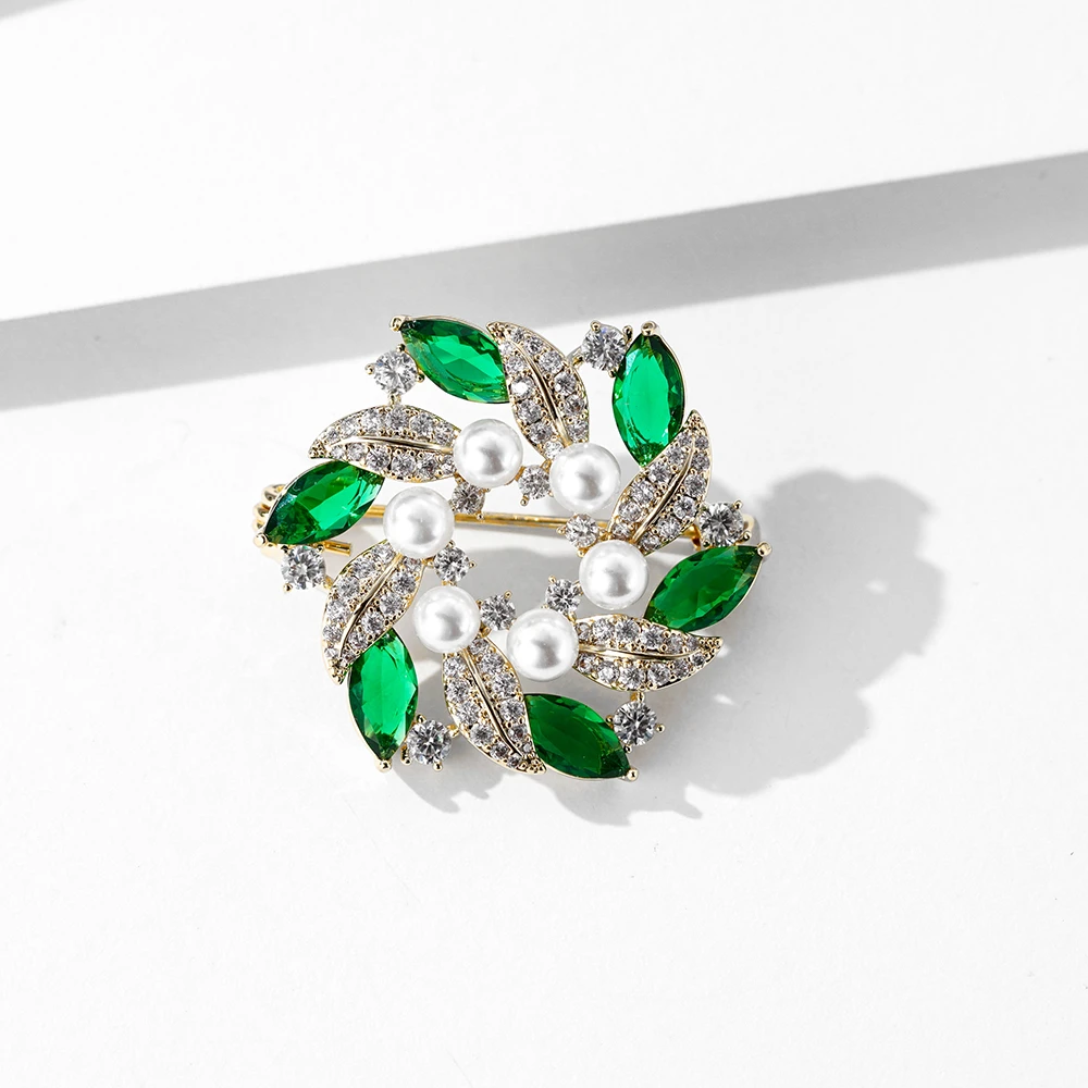铜合金合成锆石胸针 FL1085绿橄榄枝胸针