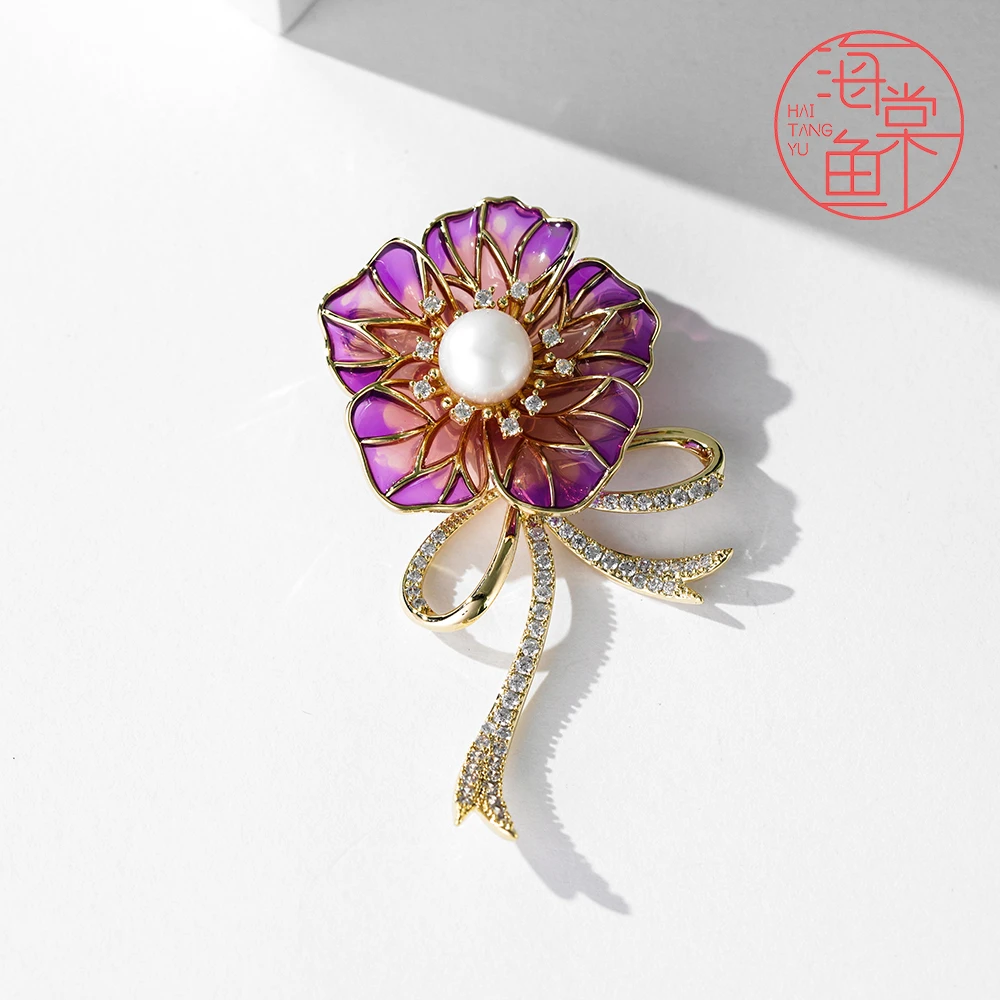 铜合金合成锆石胸针 HY2260珐琅紫莲胸针